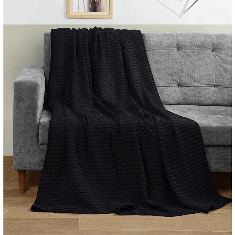 Utopia Bedding 100% Cotton Waffle Weave Blanket Queen 90x90 Black New - Picture 4 of 4